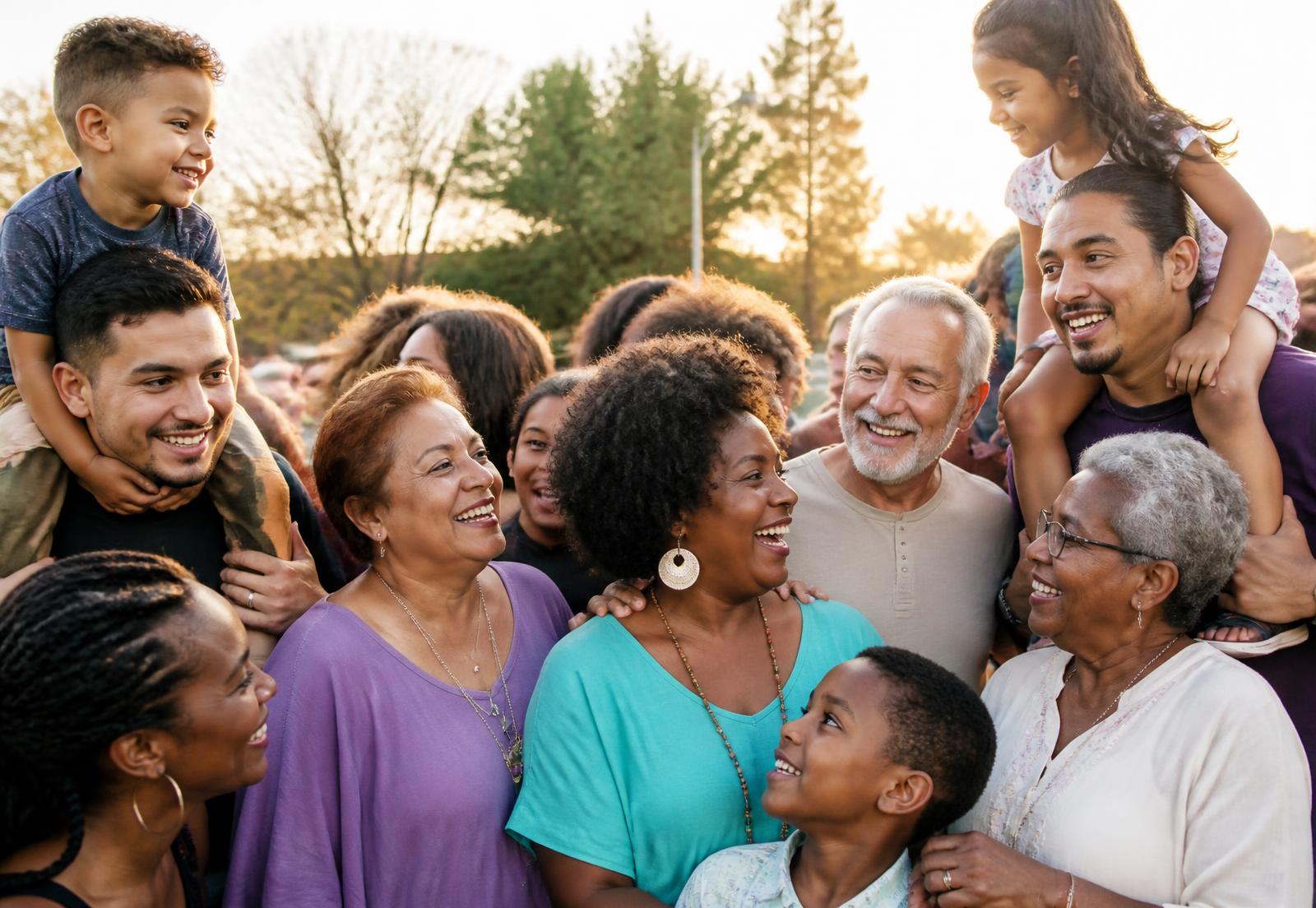 Three generations of a Black family laughing together at a neighborhood gathering